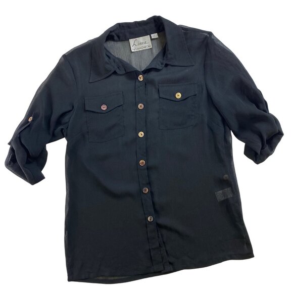 Linea By Louis DellOlio Black Sheer Button-Up Blouse Size XS Shirt Top Classic‎ - Picture 5 of 5